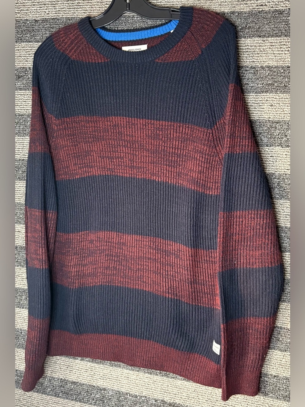 Jack & Jones Men's Navy and Burgundy Striped Crewneck Sweater Medium EUC